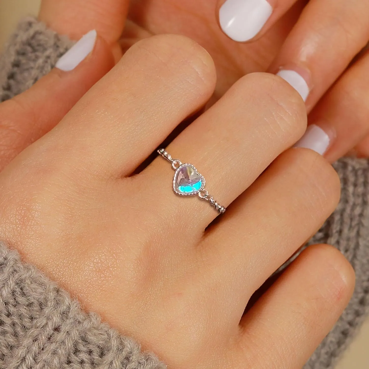 925 Sterling Silver Rings for Women Adjustable Dainty Tassel Chain Dangle Charm Fashion Forefinger Birthstone Ring Coloured Glaze Infinite Love Heart Ring Cute Wedding Birthday Graduation Jewelry Gift