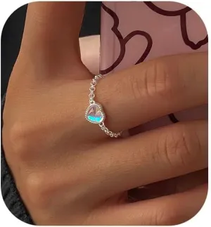 925 Sterling Silver Rings for Women Adjustable Dainty Tassel Chain Dangle Charm Fashion Forefinger Birthstone Ring Coloured Glaze Infinite Love Heart Ring Cute Wedding Birthday Graduation Jewelry Gift