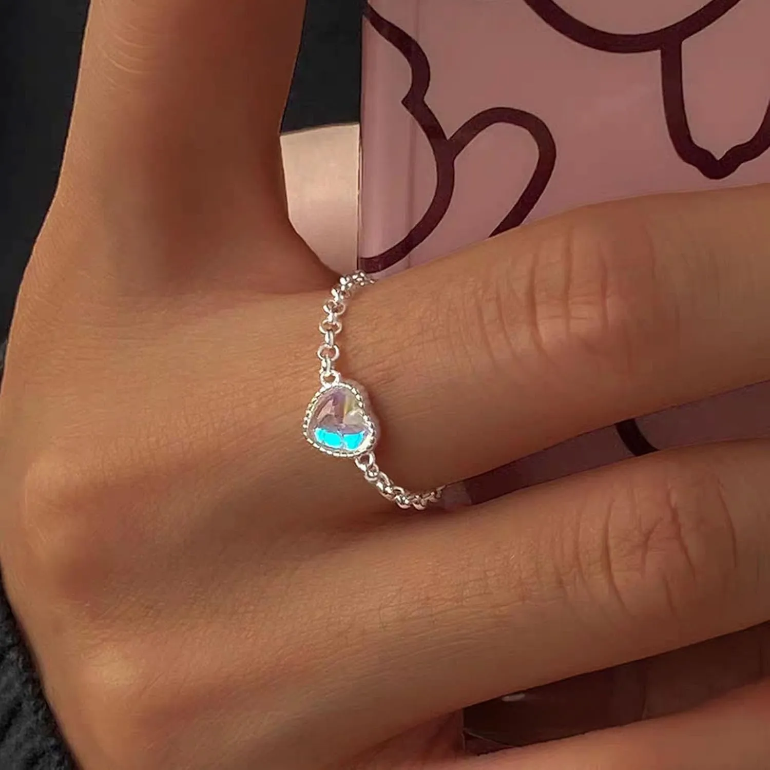 925 Sterling Silver Rings for Women Adjustable Dainty Tassel Chain Dangle Charm Fashion Forefinger Birthstone Ring Coloured Glaze Infinite Love Heart Ring Cute Wedding Birthday Graduation Jewelry Gift