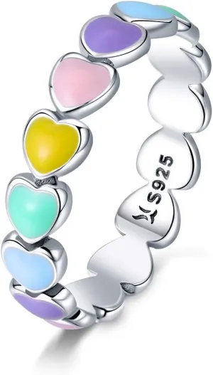 925 Sterling Silver White Gold Plated Rainbow Heart Statement Ring Jewelry Gift for Women Anniversary Ring-Size 7