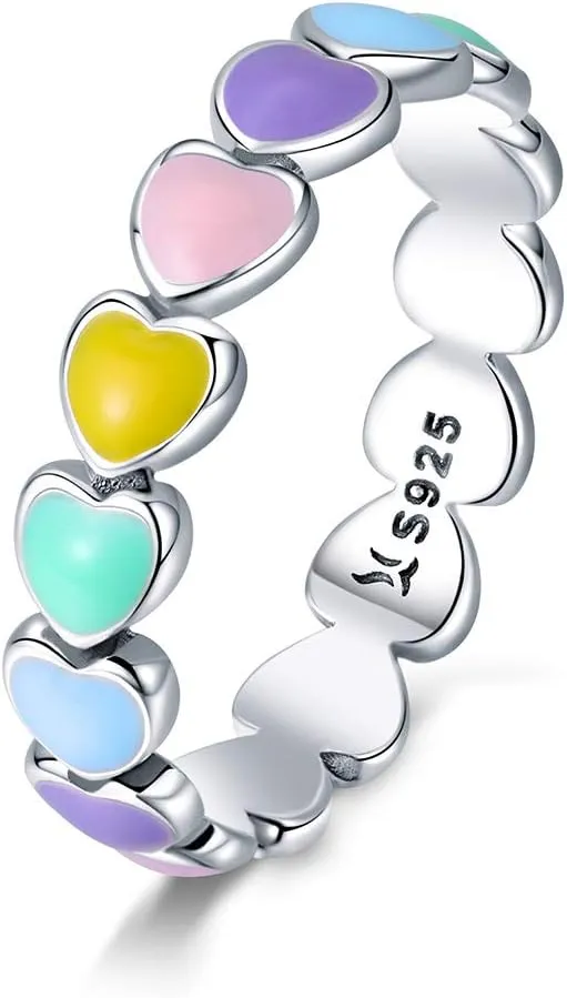 925 Sterling Silver White Gold Plated Rainbow Heart Statement Ring Jewelry Gift for Women Anniversary Ring-Size 7
