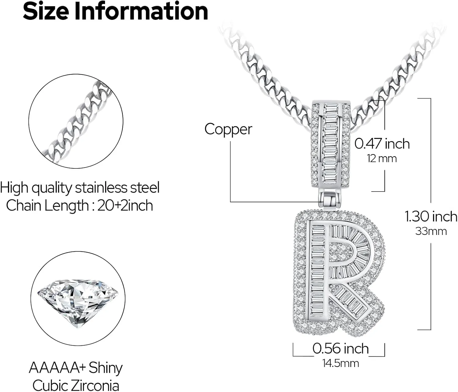 A-Z Initial Necklace for Men Women,14k White Gold Plated Cubic Zirconia Initial Letter Pendant Necklace,Letter Dainty Necklaces for Women Jewelry Gifts 22inch Chain