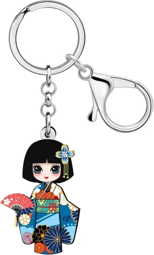 Acrylic Cute Japanese Kimono Doll Keychain Funny Kokeshi Key Chains Accessories for Women Girls Car Keys Wallet Gifts