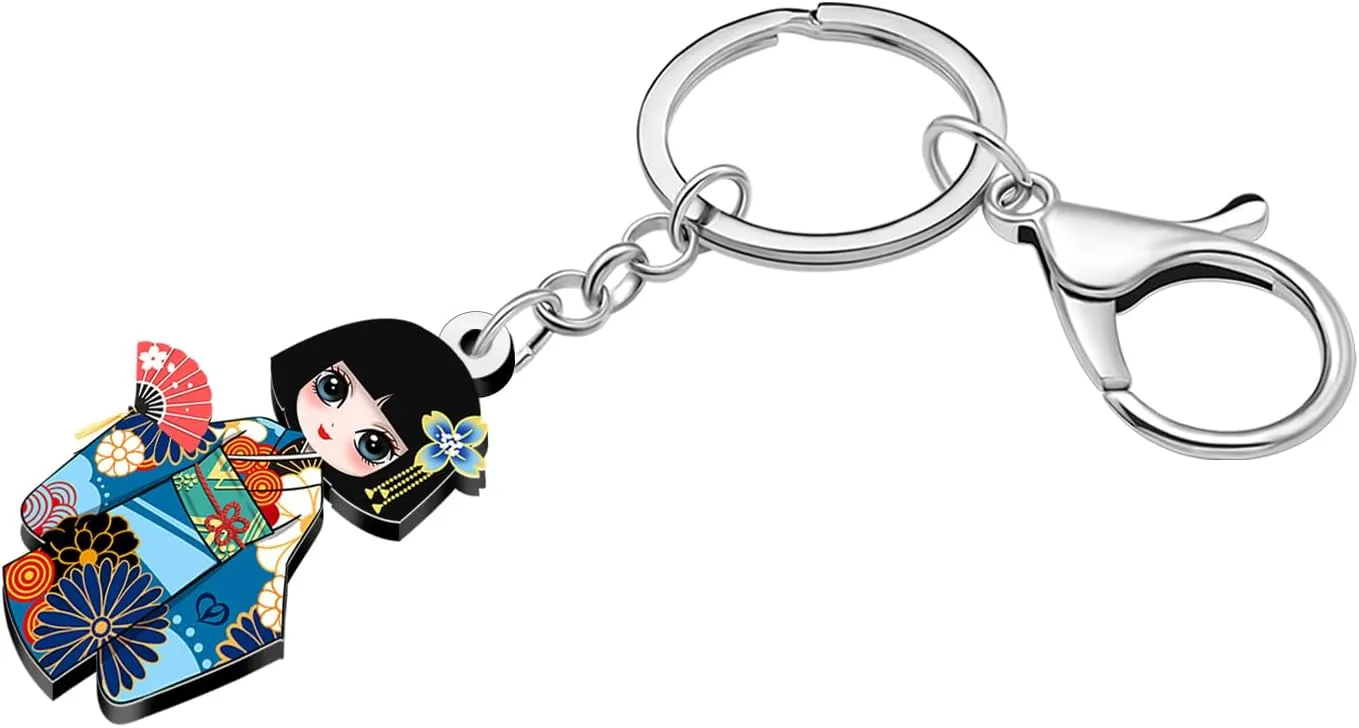 Acrylic Cute Japanese Kimono Doll Keychain Funny Kokeshi Key Chains Accessories for Women Girls Car Keys Wallet Gifts