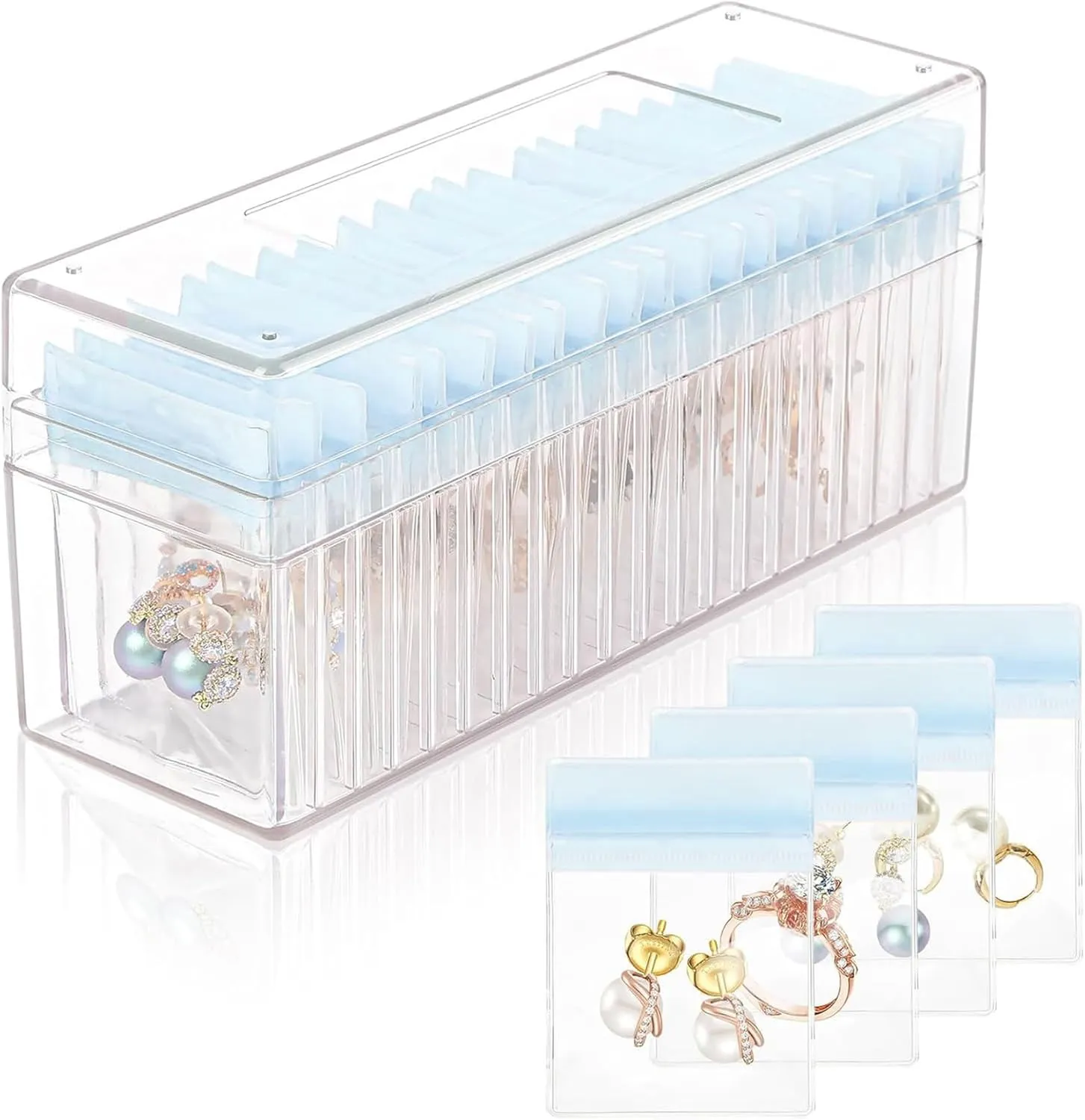 Acrylic Jewelry Box Organizer,Clear Jewelry Case Organizer Travel, Holder with 20 Portable Anti Tarnish Jewelry bags, Travel Jewelry Case for Earrings/Rings/Necklaces Gift for Women Girls(Blue)