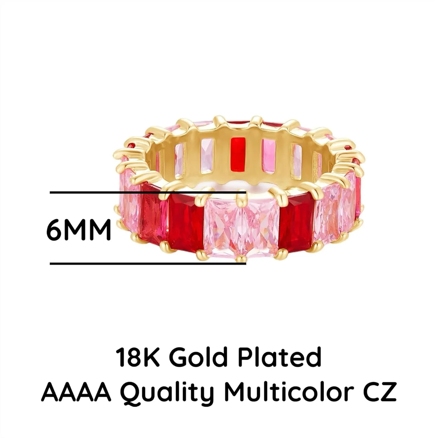 AFFY Eternity Rainbow Ring 18K Gold Plated Emerald-Cut Multi Color AAA Created-Gemstone Rainbow Ring, Stackable Ring, Wedding Band for Women, Gift For Her