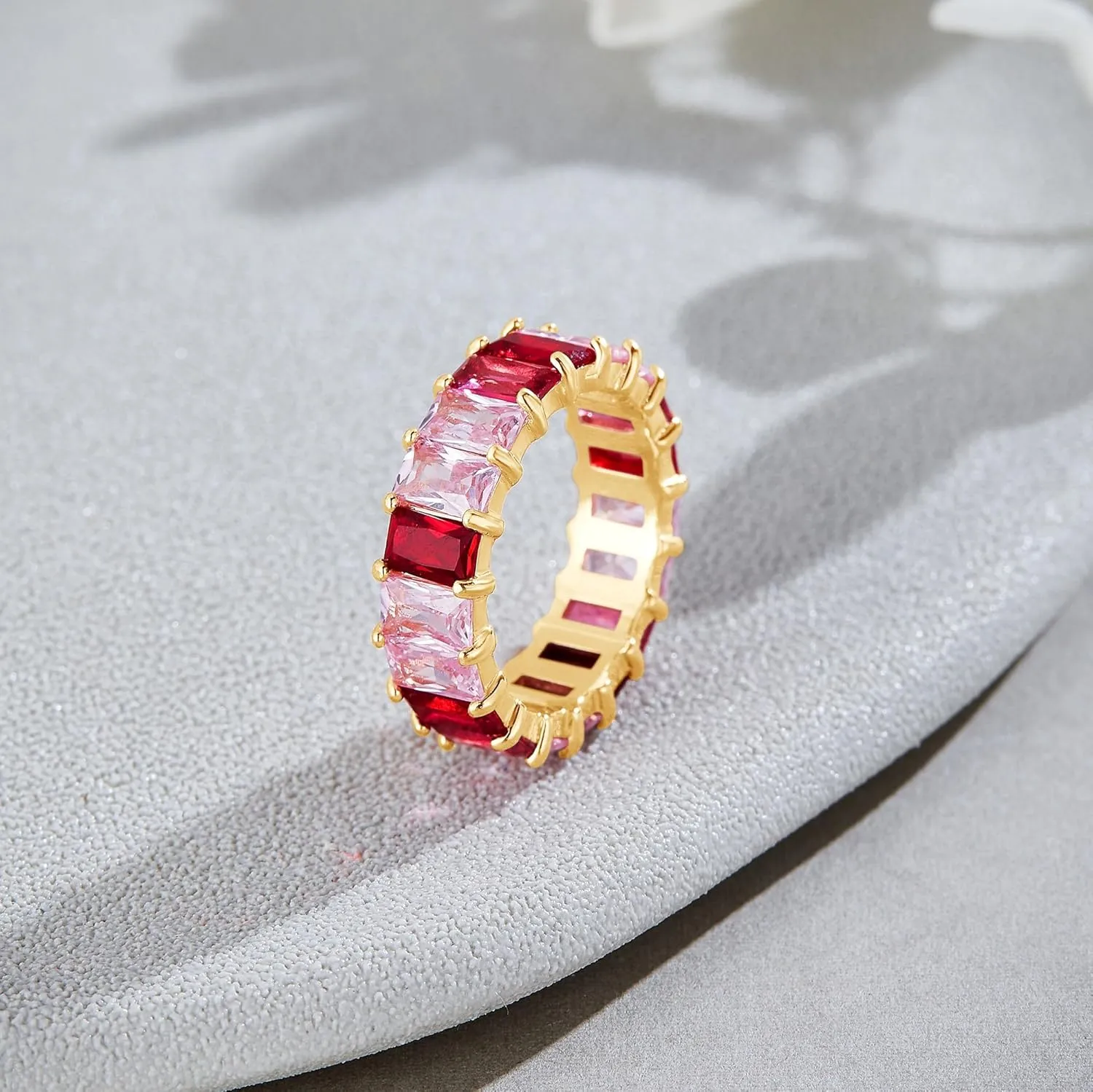 AFFY Eternity Rainbow Ring 18K Gold Plated Emerald-Cut Multi Color AAA Created-Gemstone Rainbow Ring, Stackable Ring, Wedding Band for Women, Gift For Her