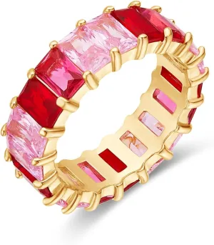 AFFY Eternity Rainbow Ring 18K Gold Plated Emerald-Cut Multi Color AAA Created-Gemstone Rainbow Ring, Stackable Ring, Wedding Band for Women, Gift For Her