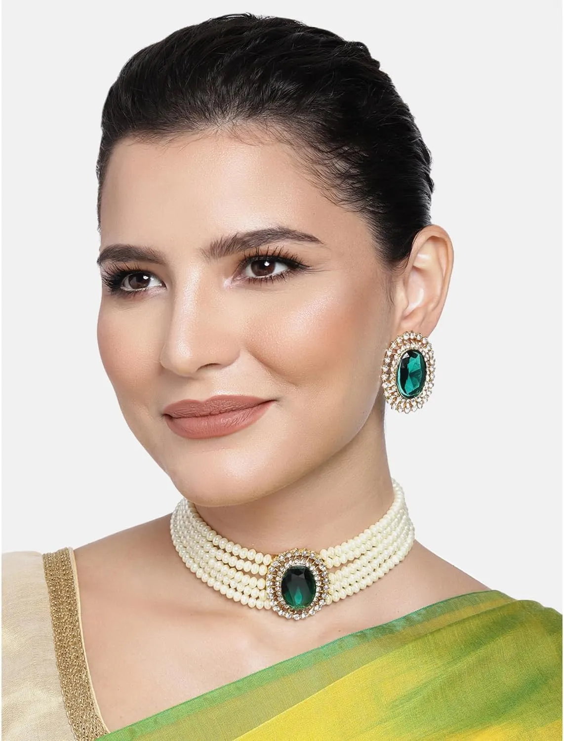 Aheli Kundan Pearl Choker Multi Layered Beaded Necklace Earrings Set Indian Traditional Wedding Jewelry Gift for Women