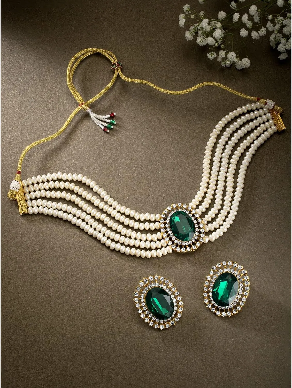 Aheli Kundan Pearl Choker Multi Layered Beaded Necklace Earrings Set Indian Traditional Wedding Jewelry Gift for Women
