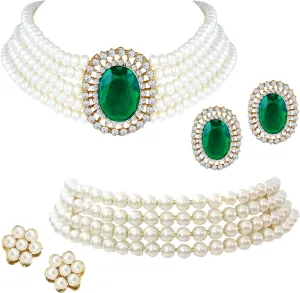 Aheli Kundan Pearl Choker Multi Layered Beaded Necklace Earrings Set Indian Traditional Wedding Jewelry Gift for Women