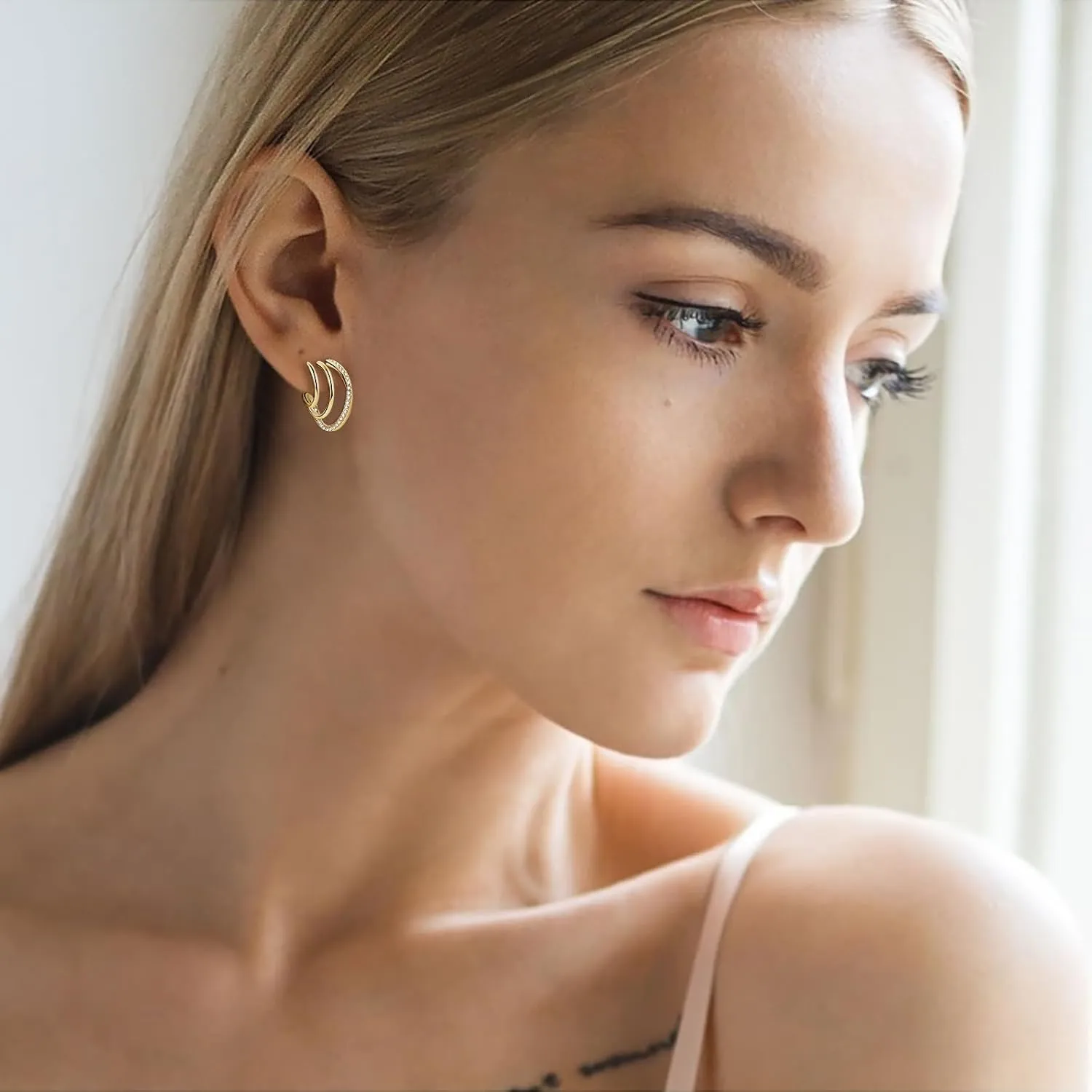 AINUOSHI Moissanite Split Huggie Earrings Triple Hoop Stud Earrings for Women, 925 Sterling Silver with 18K White Gold Plated & 14K Yellow Gold Plated, Hypoallergenic, Jewelry Box Packed