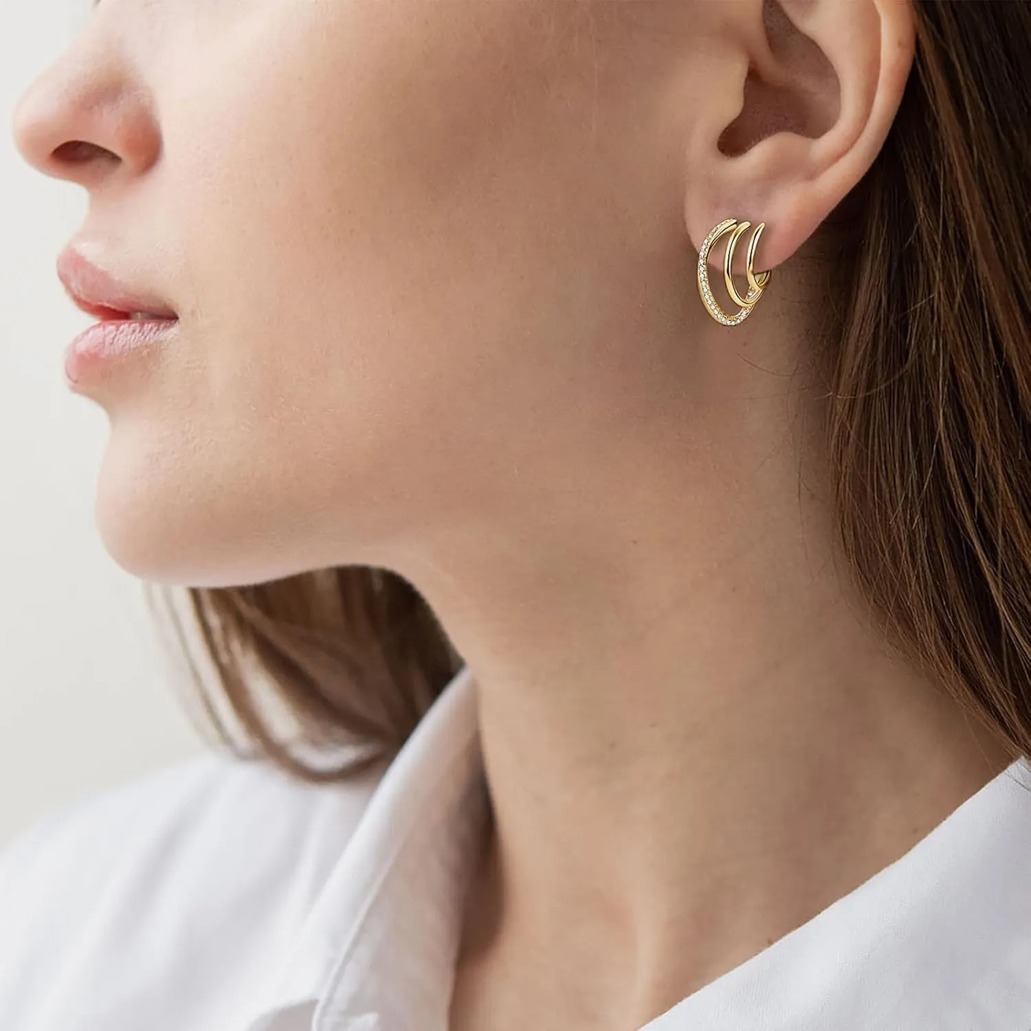 AINUOSHI Moissanite Split Huggie Earrings Triple Hoop Stud Earrings for Women, 925 Sterling Silver with 18K White Gold Plated & 14K Yellow Gold Plated, Hypoallergenic, Jewelry Box Packed