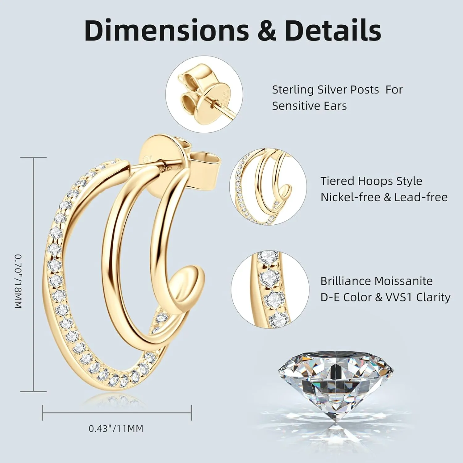 AINUOSHI Moissanite Split Huggie Earrings Triple Hoop Stud Earrings for Women, 925 Sterling Silver with 18K White Gold Plated & 14K Yellow Gold Plated, Hypoallergenic, Jewelry Box Packed