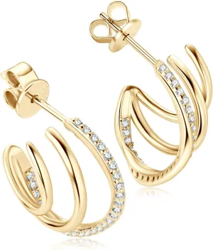 AINUOSHI Moissanite Split Huggie Earrings Triple Hoop Stud Earrings for Women, 925 Sterling Silver with 18K White Gold Plated & 14K Yellow Gold Plated, Hypoallergenic, Jewelry Box Packed