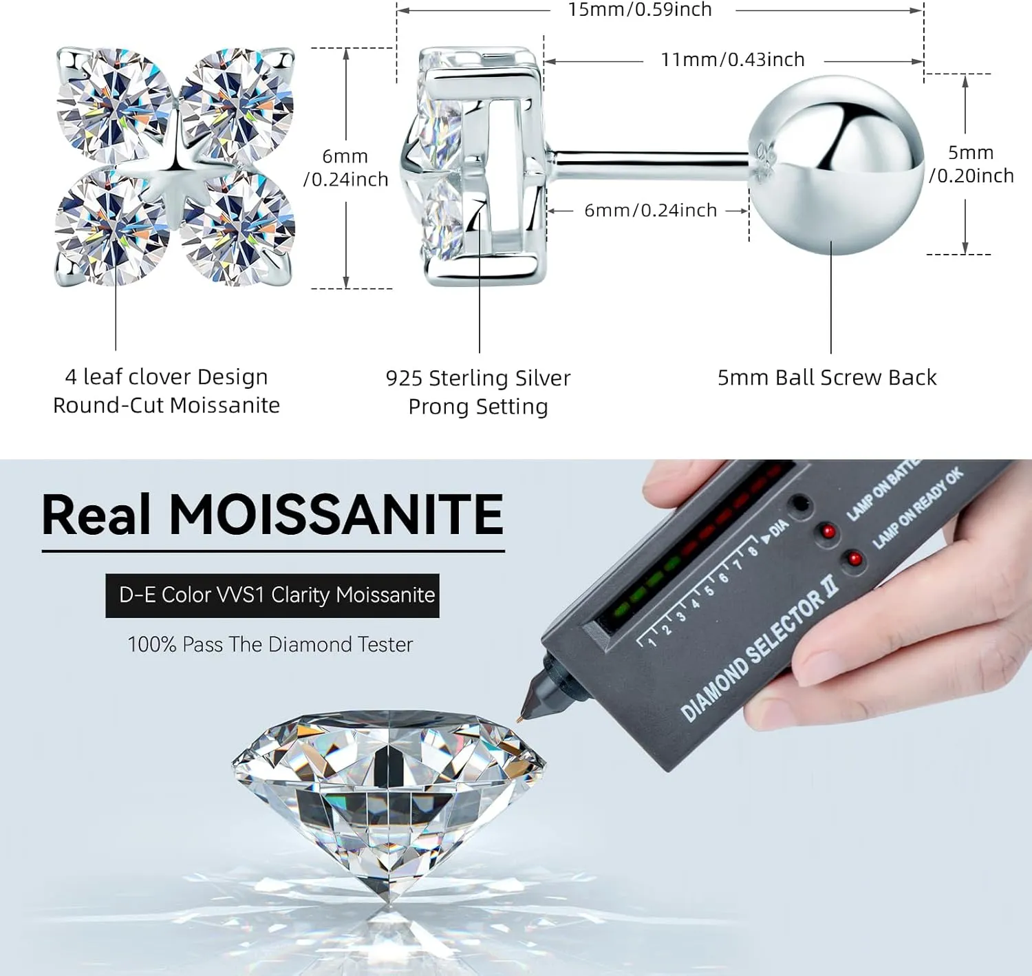 AINUOSHI Moissanite Stud Earrings for Women Men, 925 Sterling Silver Lab Created Earrings, 4/6 Prong Round Cut 4mm/5mm/6mm/6.5mm, Hypoallergenic, Jewelry Box Packed