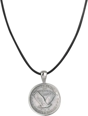 American Coin Treasures Men's Leather Cord Necklace with Silver Standing Liberty Quarter Reverse Eagle Pendant | Genuine United States Coin | Mens Accessories