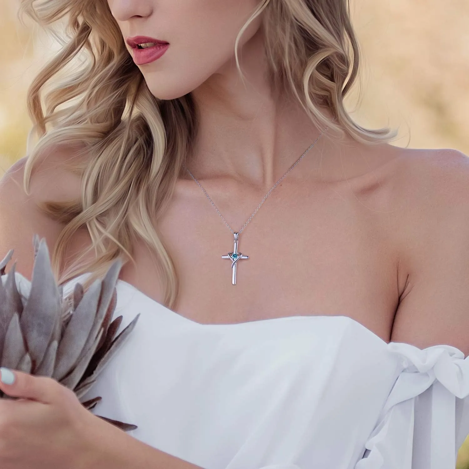 AmorAime 925 Sterling Silver Cross Necklace for Women Men 5A CZ Birthstone Necklaces 14K Gold Plated or Rose Gold Necklace for Easter or Mother's Day