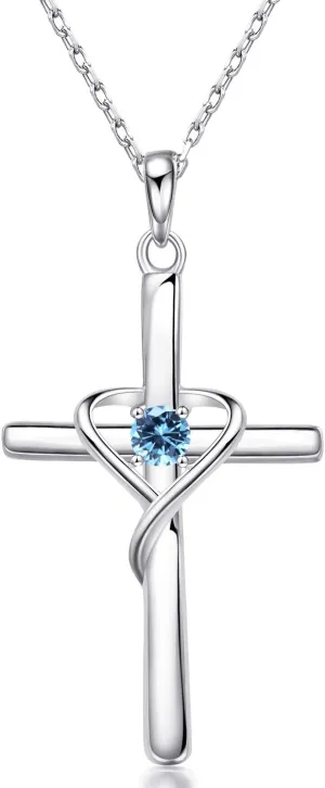 AmorAime 925 Sterling Silver Cross Necklace for Women Men 5A CZ Birthstone Necklaces 14K Gold Plated or Rose Gold Necklace for Easter or Mother's Day
