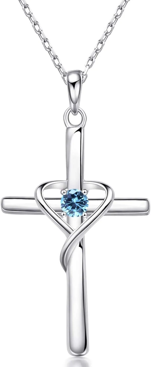 AmorAime 925 Sterling Silver Cross Necklace for Women Men 5A CZ Birthstone Necklaces 14K Gold Plated or Rose Gold Necklace for Easter or Mother's Day