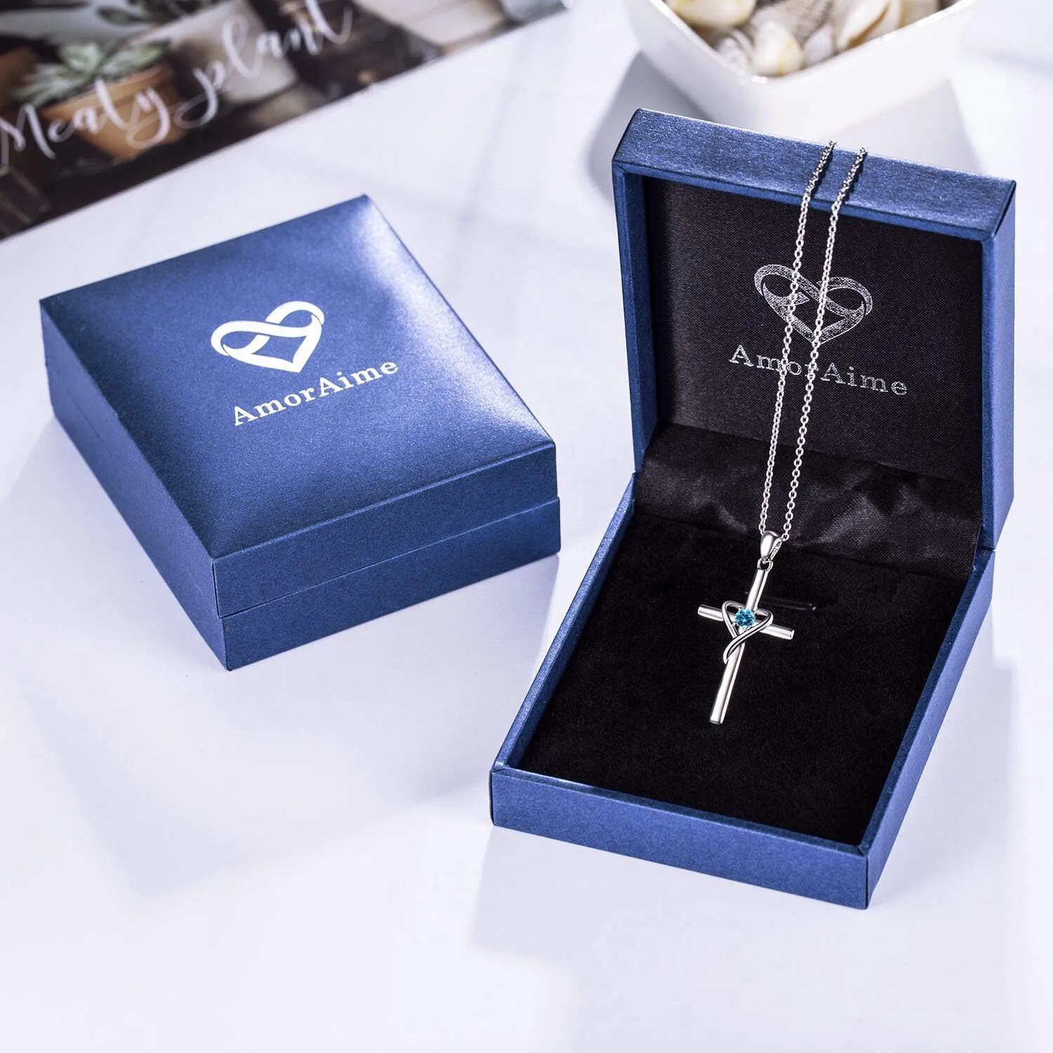 AmorAime 925 Sterling Silver Cross Necklace for Women Men 5A CZ Birthstone Necklaces 14K Gold Plated or Rose Gold Necklace for Easter or Mother's Day