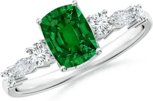 Angara Lab Grown Classic Cushion Rectangular Emerald Side Stone Engagement Ring in 14K Solid Gold/Platinum | May Birthstone, Birthday, Anniversary, Wedding Jewelry Gift for Women