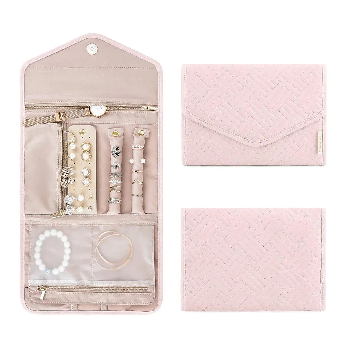 Anyhouz Jewelry Storage Foldable Case Pink Small Portable for Journey Earrings Rings Diamond s Brooches Storage Bag