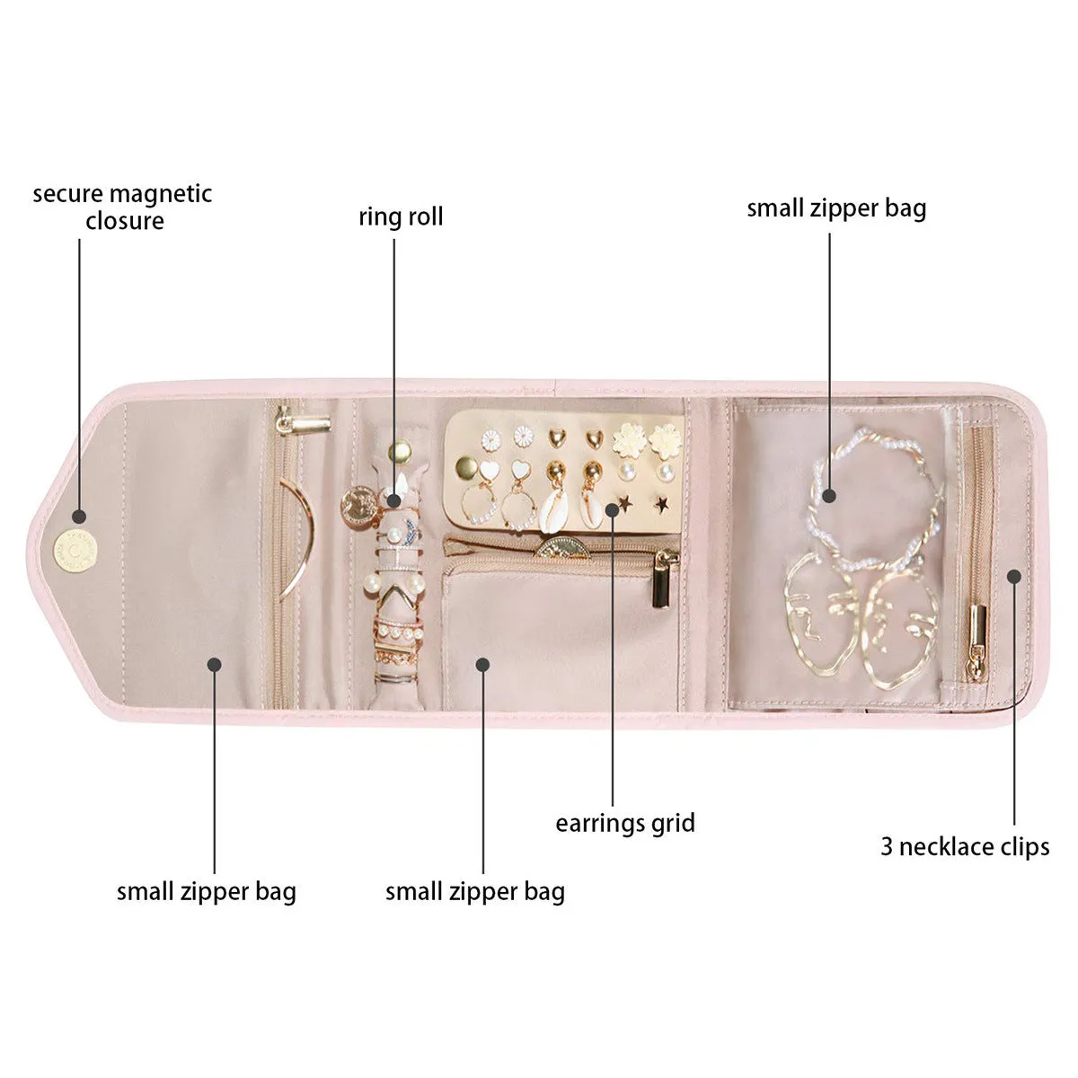 Anyhouz Jewelry Storage Foldable Case Pink Small Portable for Journey Earrings Rings Diamond s Brooches Storage Bag