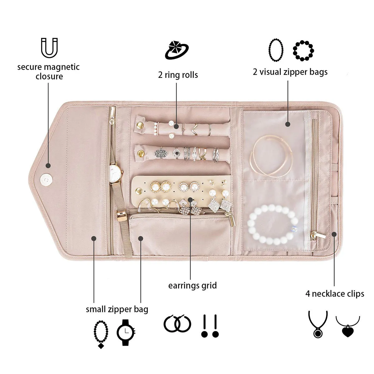 Anyhouz Jewelry Storage Foldable Case Pink Small Portable for Journey Earrings Rings Diamond s Brooches Storage Bag