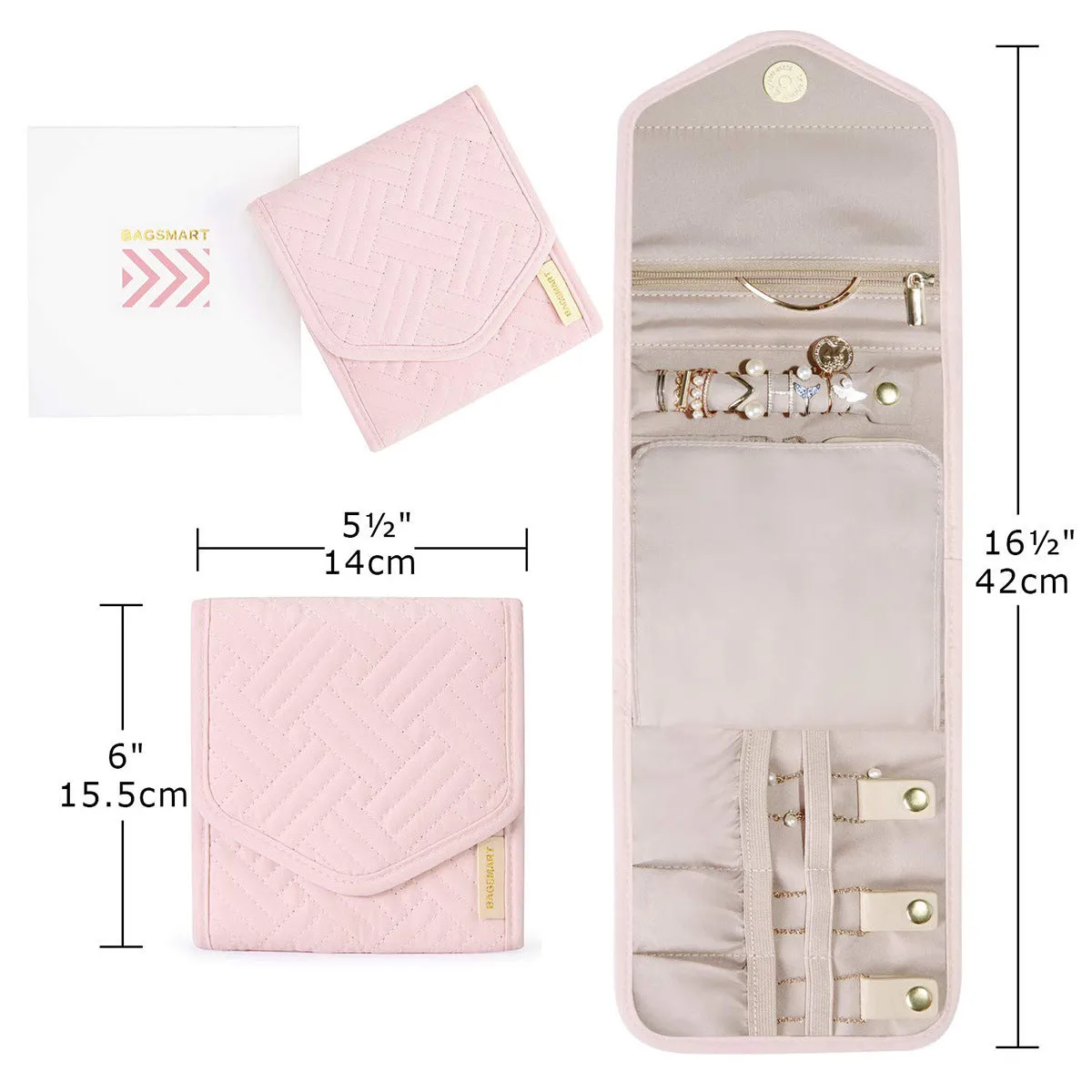 Anyhouz Jewelry Storage Foldable Case Pink Small Portable for Journey Earrings Rings Diamond s Brooches Storage Bag