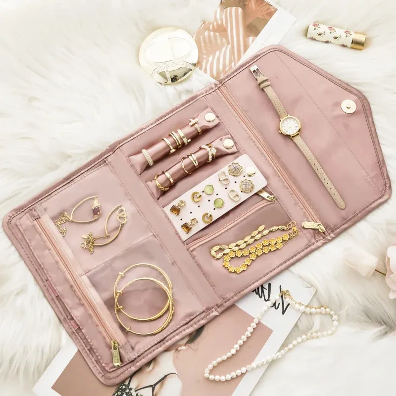 Anyhouz Jewelry Storage Foldable Case Pink Small Portable for Journey Earrings Rings Diamond s Brooches Storage Bag