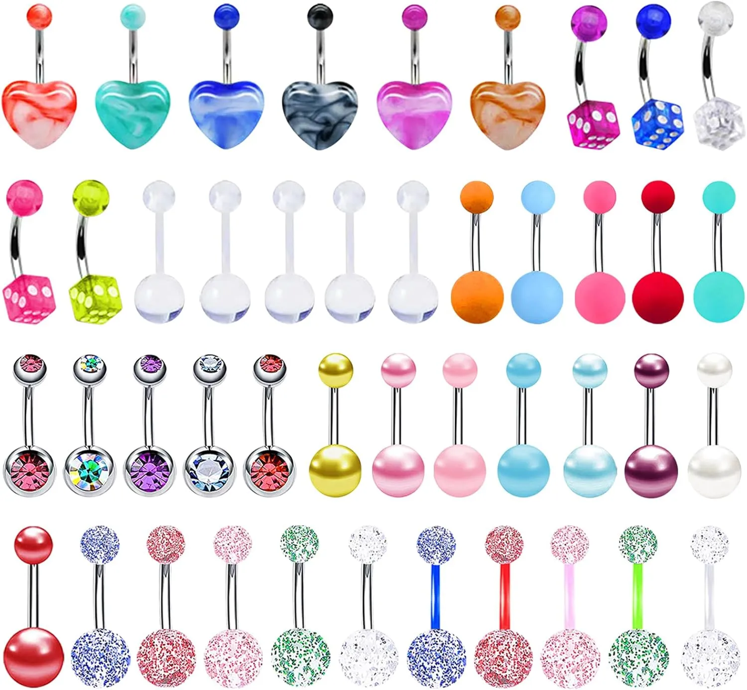 Aroncent Piercing Belly Button Rings: 14G Surgical Steel Abdomen Belly Navel Rings 44pcs Barbell Acrylic Glitter Marble Heart Shape - Belly Button Body Piercing Jewelry Set