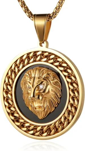 AsAlways 18K Gold Plated Lion Head Necklace for Men Stainless Steel Hip Hop 3D Lion King Round Medal Pendant Necklace Jewelry Gift
