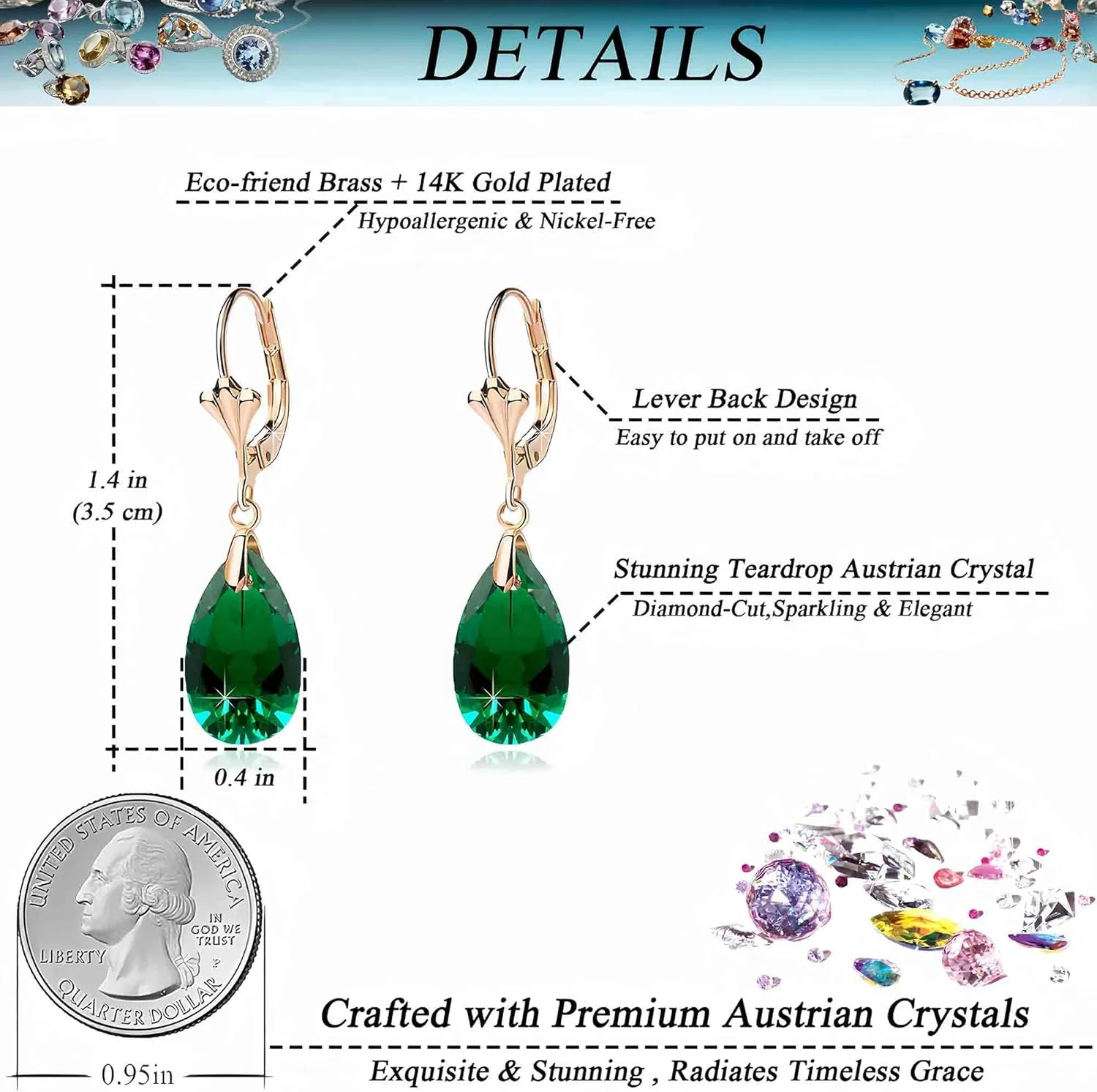 Austrian Crystal Teardrop Leverback Dangle Earrings for Women Fashion 14K Gold Plated Hypoallergenic Jewelry