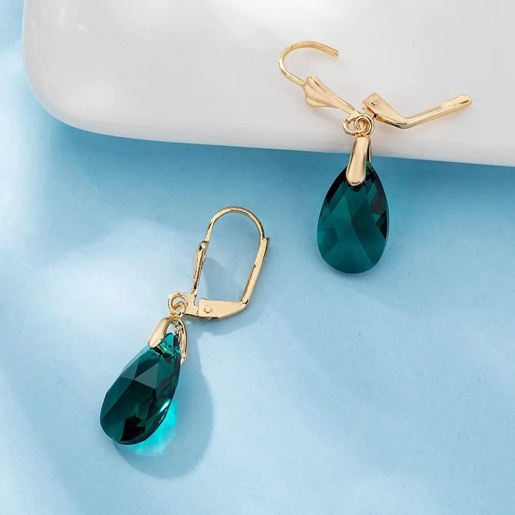 Austrian Crystal Teardrop Leverback Dangle Earrings for Women Fashion 14K Gold Plated Hypoallergenic Jewelry