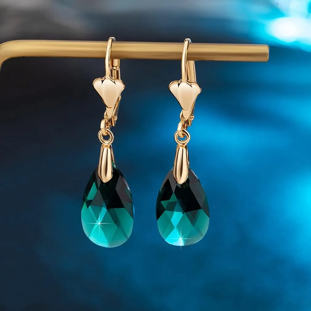 Austrian Crystal Teardrop Leverback Dangle Earrings for Women Fashion 14K Gold Plated Hypoallergenic Jewelry