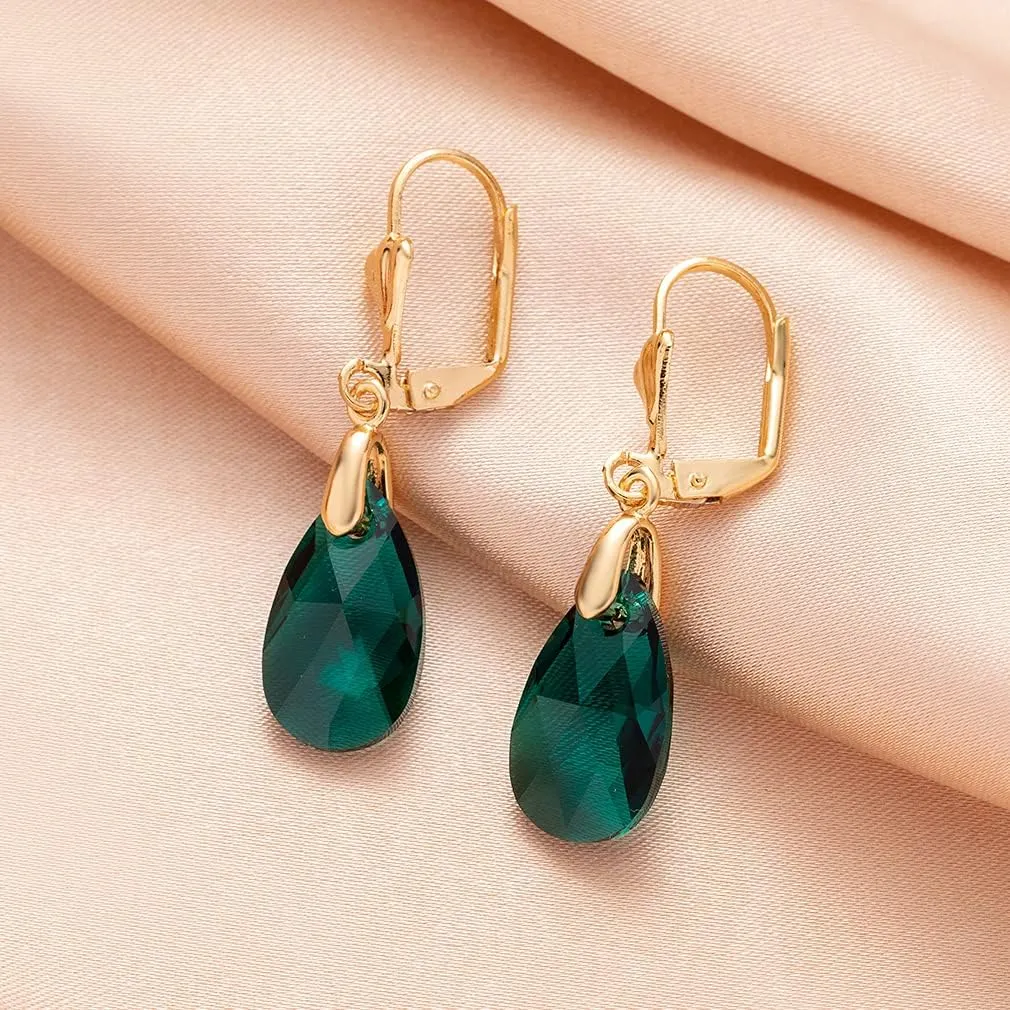 Austrian Crystal Teardrop Leverback Dangle Earrings for Women Fashion 14K Gold Plated Hypoallergenic Jewelry