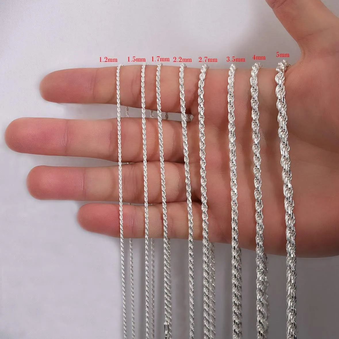 Authentic Solid Sterling Silver Rope Diamond-Cut Braided Twist Link .925 ITProLux Necklace Chains 1MM - 5MM, 16" - 30", Made In Italy, Men & Women