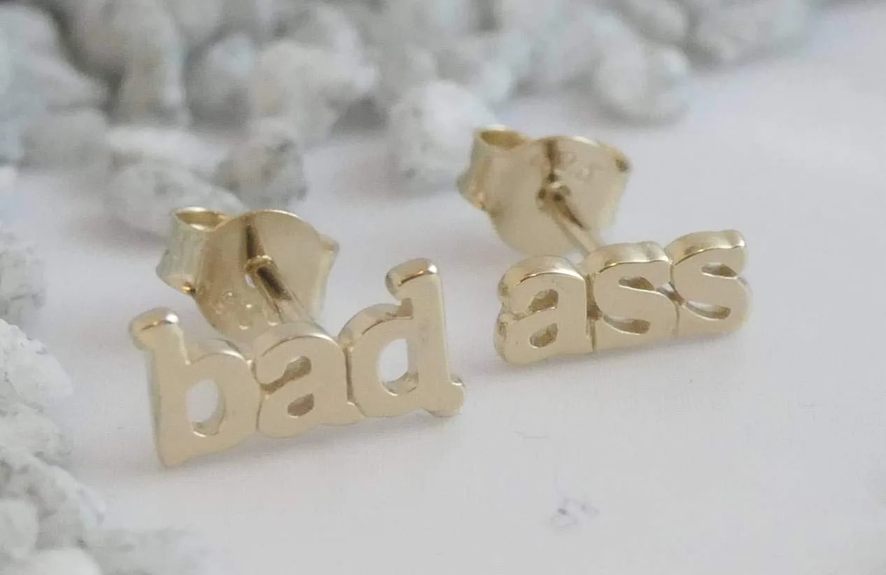 Bad Ass Small Dainty Tiny Gold Plated Sterling Silver Stud Earrings - Handmade Minimalist Jewelry Gift Idea for Women - Birthday Valentine's Mother's Day Gift - Word Text Jewelry