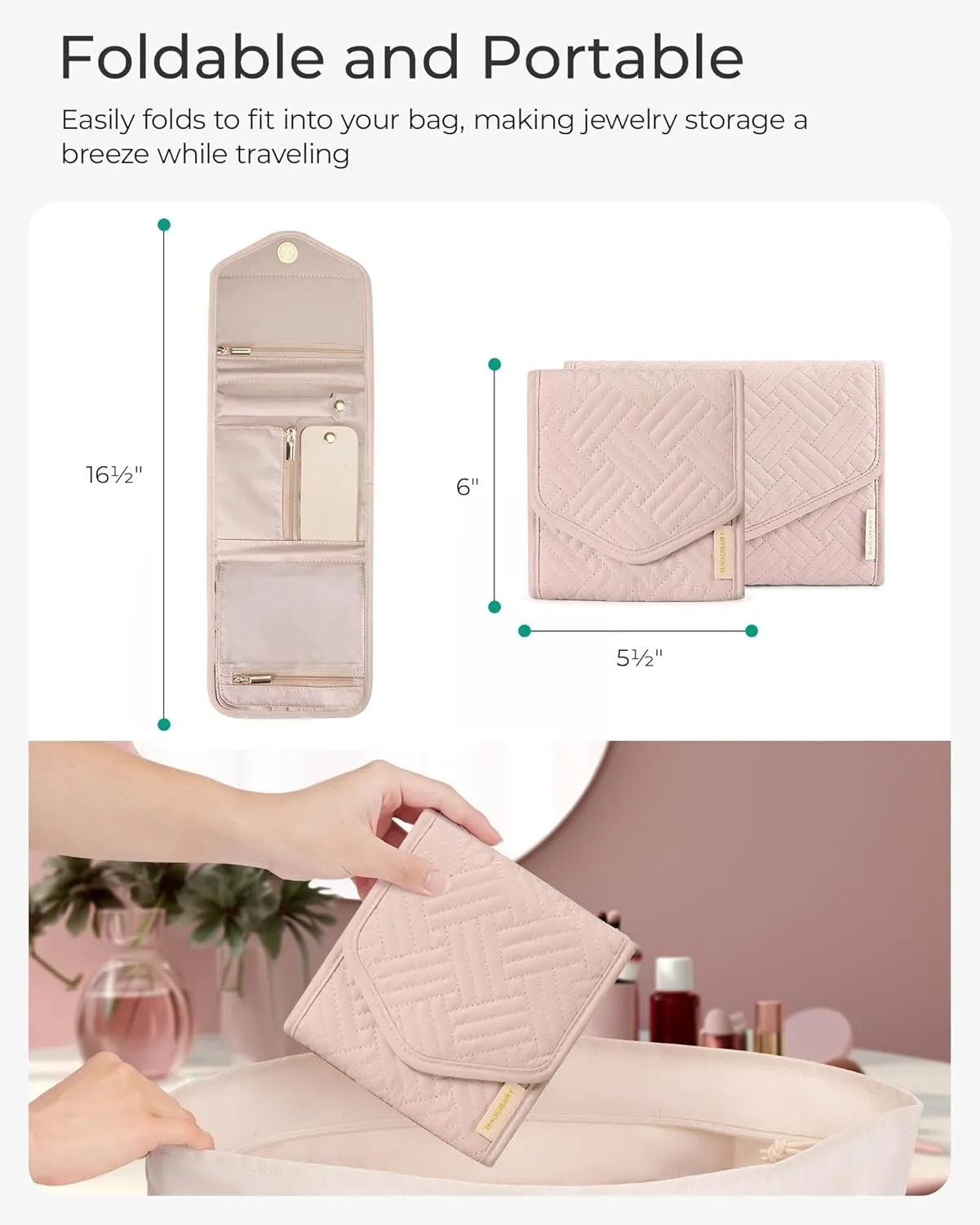 BAGSMART Travel Jewelry Organizer Case Foldable Jewelry Roll for Journey Rings, Necklaces, Earrings, Bracelets,Mini,Teal