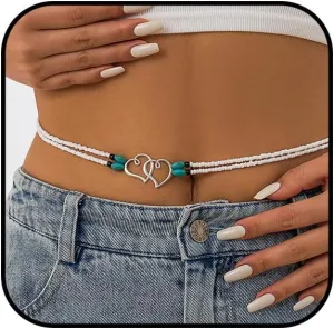 Beaded Waist Chains for Women Double Layered Belly Beads Adjustable White Waist Beads Boho Heart Belly Chain Waterproof Belly Chain Summer Beach Stomach Jewelry Chain