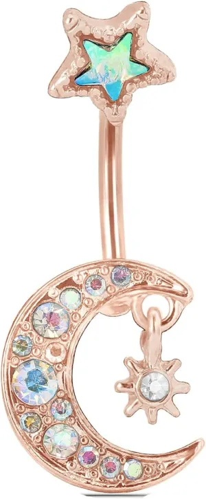 Belly Button Ring Stainless Steel Dangle, Star Moon Stainless Steel Surgical Belly Rings Cubic Zirconia Women Belly Button Rings