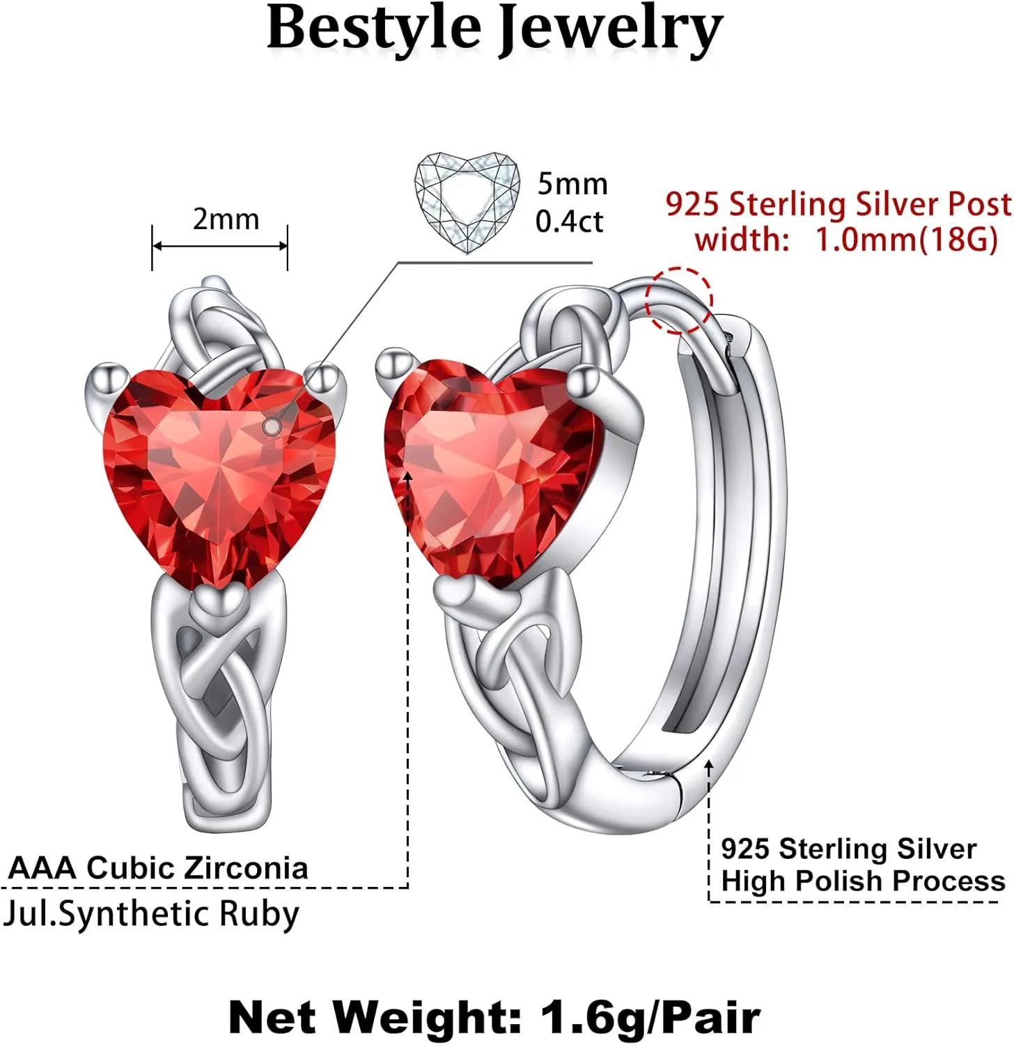Bestyle Sterling Silver Celtic Earrings with Birthstone for Women, Hoop/Cross/Heart/Celtic Knot Celtic Birthstone Earrings for Women, Great Birthday Gift