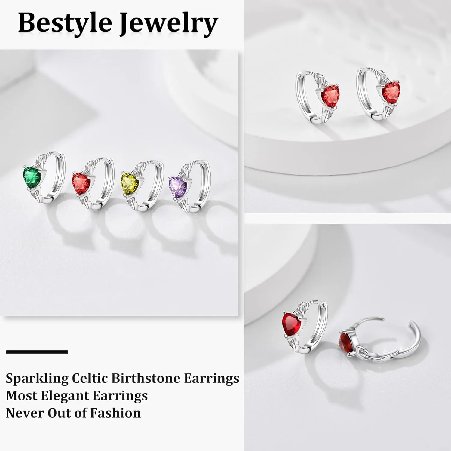 Bestyle Sterling Silver Celtic Earrings with Birthstone for Women, Hoop/Cross/Heart/Celtic Knot Celtic Birthstone Earrings for Women, Great Birthday Gift