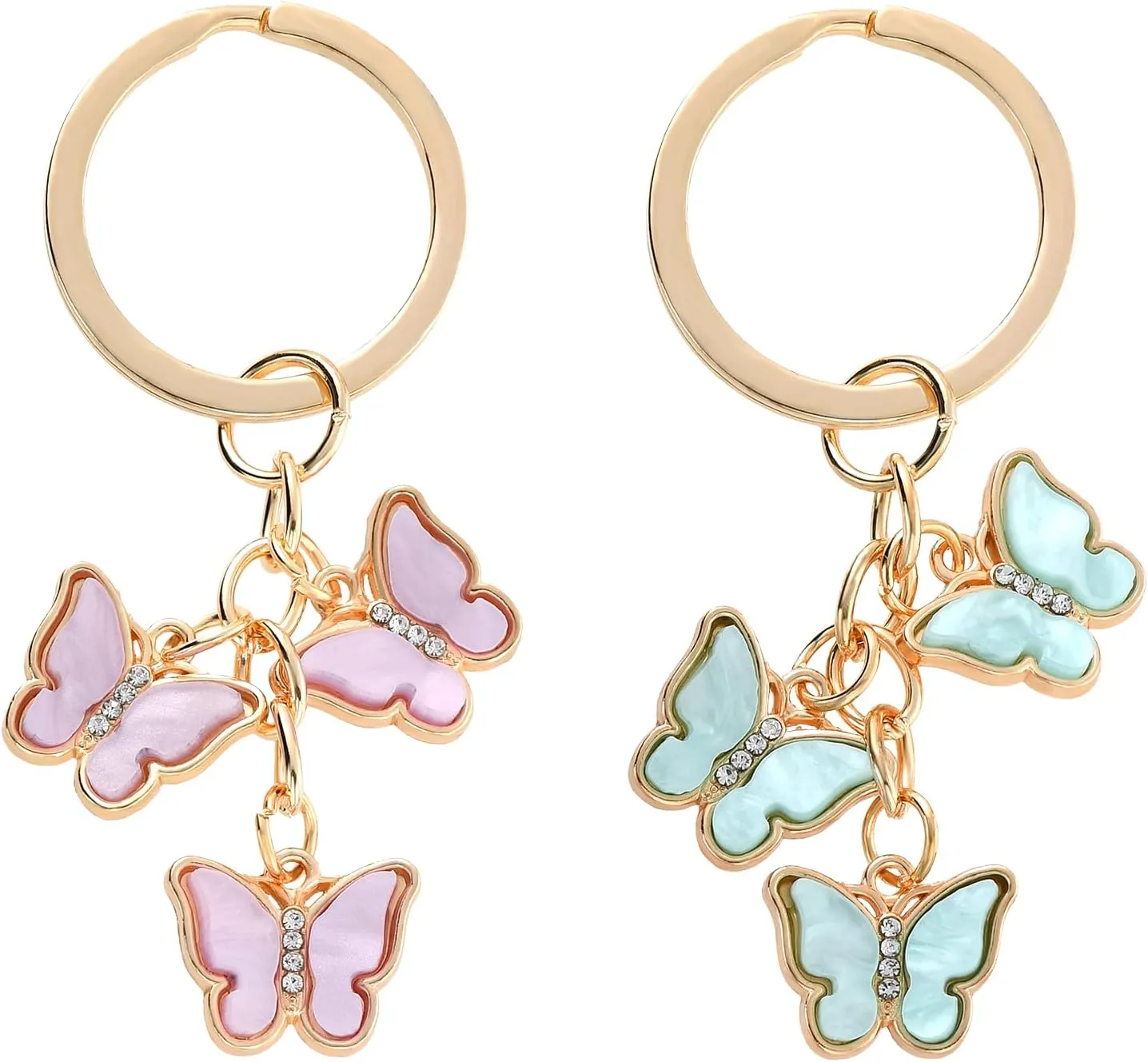 Bewudy 2Pcs Butterfly Keyrings For Women, Cute Keychain Girly Crystal Butterfly Keyring For Girls, Metal Key Ring Small Gift for Key Bag Purse Accessories