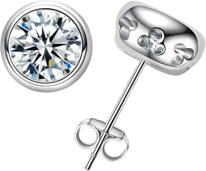 Bezel Moissanite Earrings Stud for Women 1-2 cttw Brilliant Round Cut D color VVS Moissanite Platinum-Plated Sterling Silver Stud Earrings Friction Back Engagement Anniversary Promise Christmas Birthday