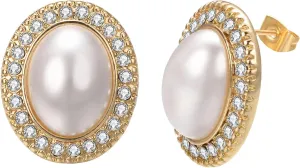 Big Rhinestone Mabe Pearl Earrings Statement Gold Rose Gold Silver Stud Earrings for Women Wedding Party Prom Vintage Jewelry
