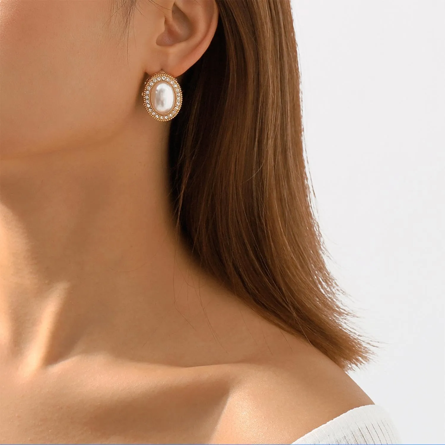 Big Rhinestone Mabe Pearl Earrings Statement Gold Rose Gold Silver Stud Earrings for Women Wedding Party Prom Vintage Jewelry