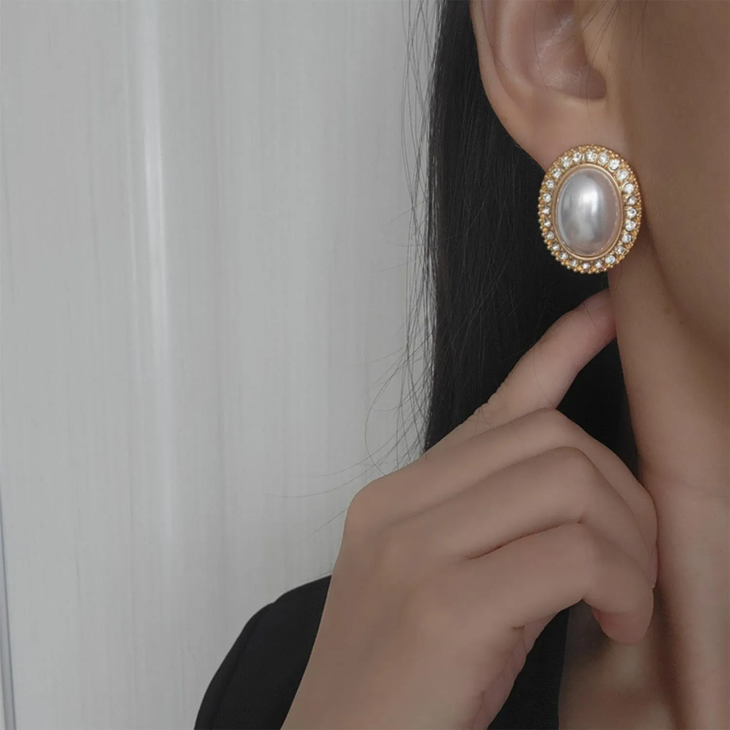 Big Rhinestone Mabe Pearl Earrings Statement Gold Rose Gold Silver Stud Earrings for Women Wedding Party Prom Vintage Jewelry