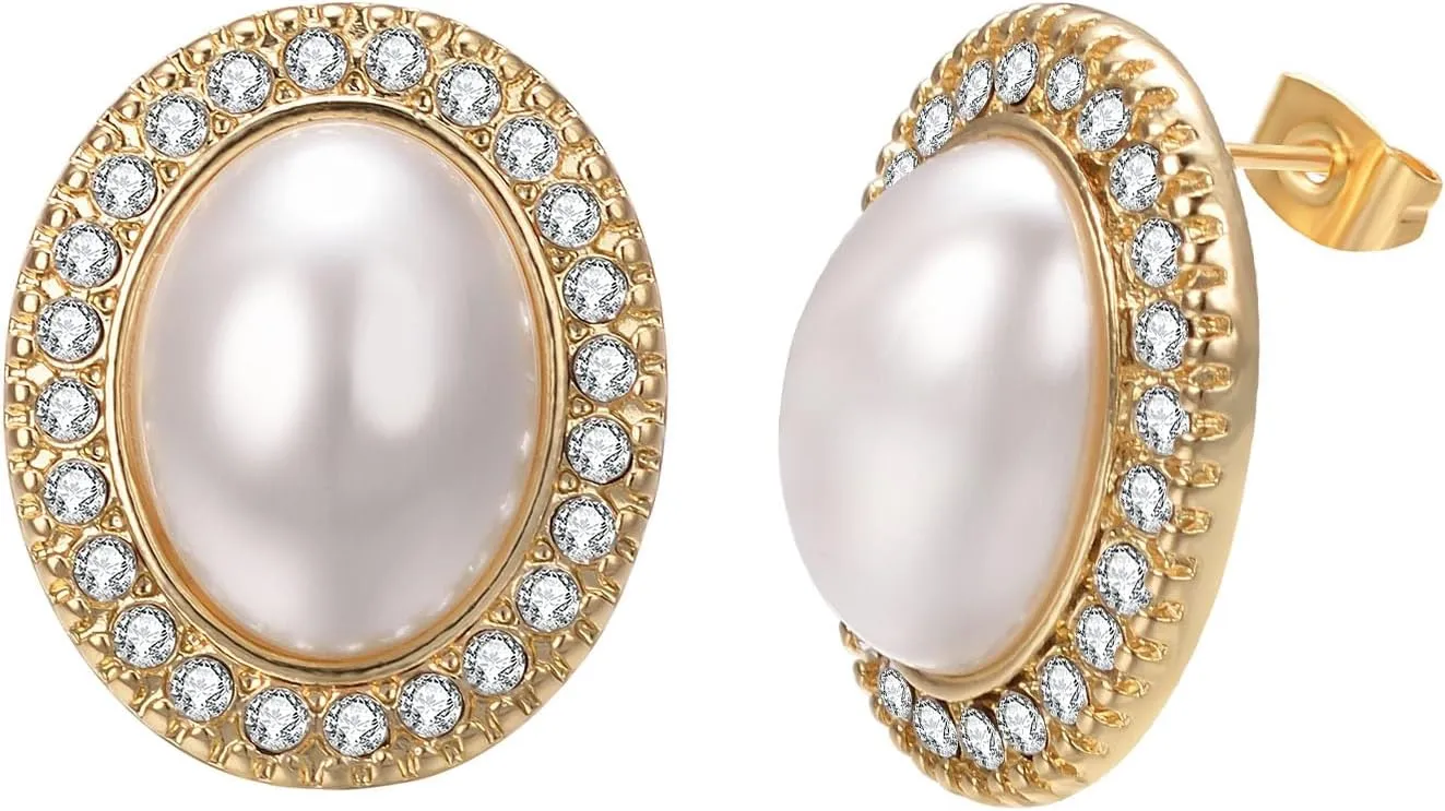 Big Rhinestone Mabe Pearl Earrings Statement Gold Rose Gold Silver Stud Earrings for Women Wedding Party Prom Vintage Jewelry
